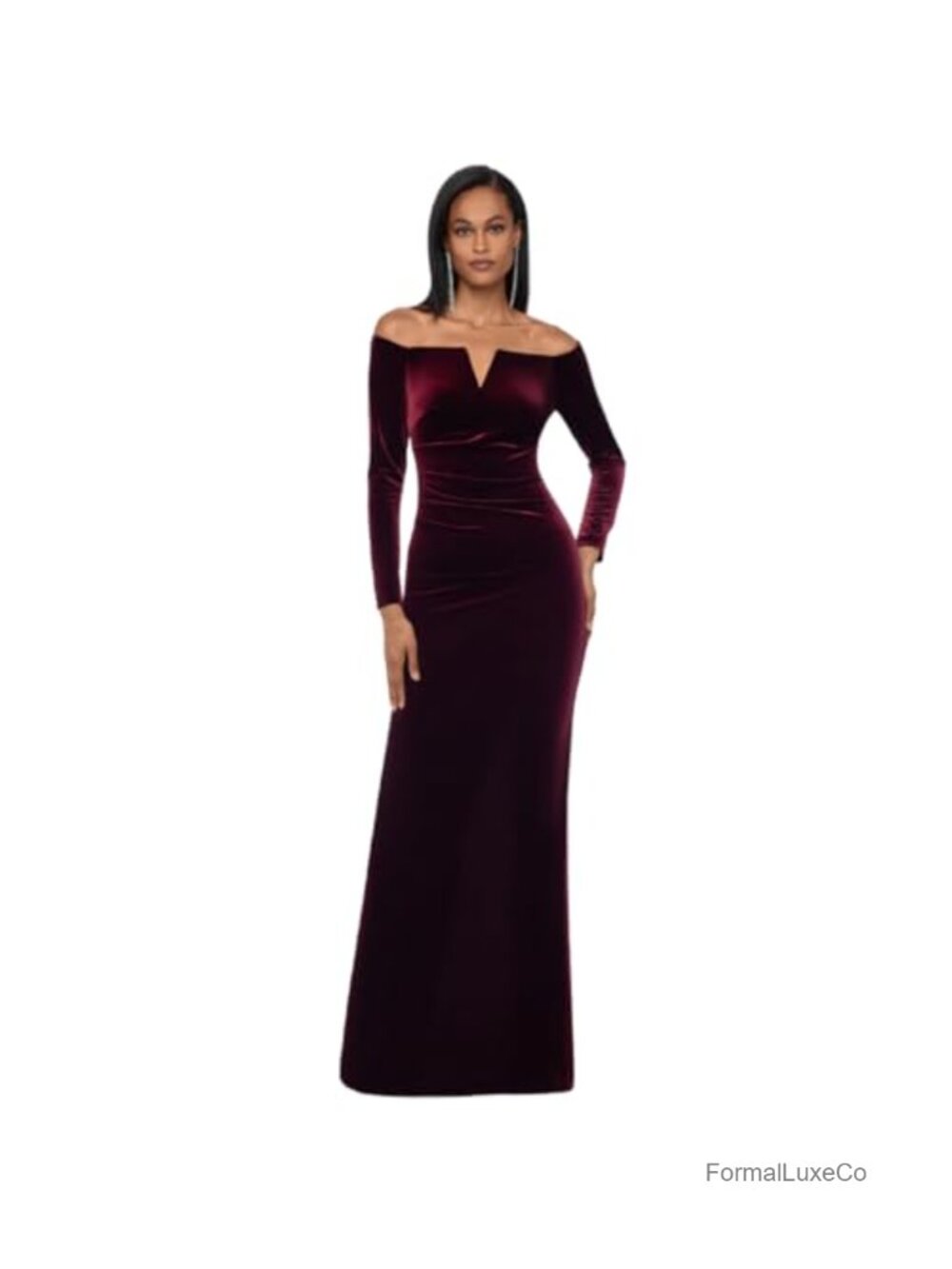 Xscape Velvet Off Shoulder Long Sleeve Formal Evening Gown Floor Length